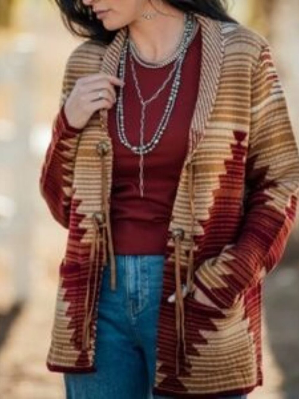 NWoT Cotton & Rye Southwestern Aztec Concho Cardigan Pocket Brown Red - Picture 3 of 13